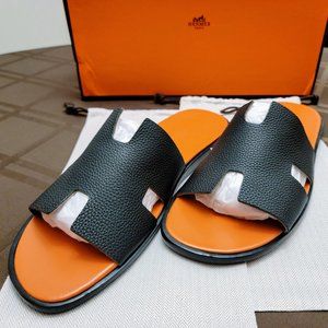 Authentic Hermes Izmir Sandals Noir/Potiron Calfskin Slides